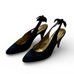 Gucci Black Fabric Covered Slingback Heels Bows On Back Shoes Sz US 6.5 EU 37.5